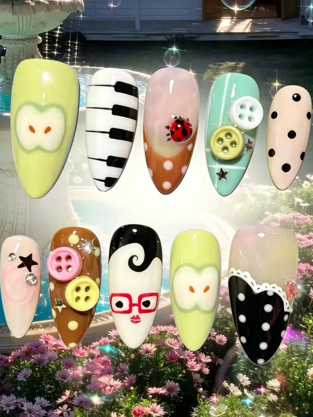 Cute Cartoon Apple, Piano & 3D Decor Elements Press-On Nails · Medium-Long Almond · 10 pcs — photo 1 of 1