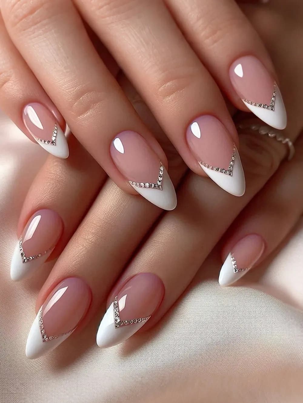 French Minimalist Translucent Nude Pink Base & Classic White Tips Press-On Nails · Medium Almond · 24 pcs — photo 1 of 2