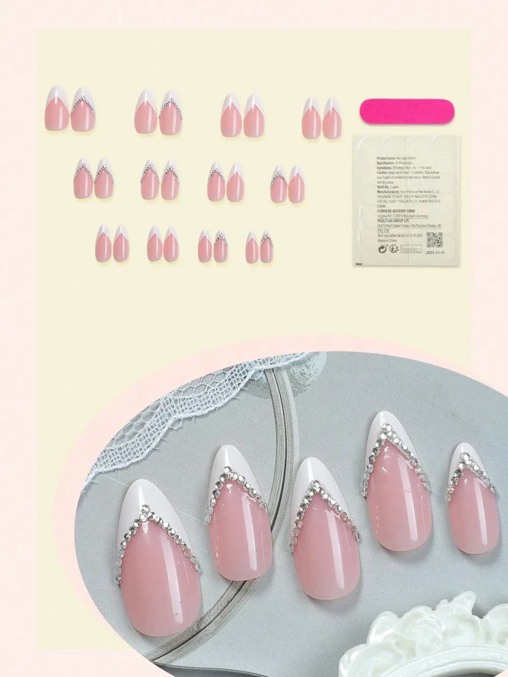 French Minimalist Translucent Nude Pink Base & Classic White Tips Press-On Nails · Medium Almond · 24 pcs — photo 2 of 2