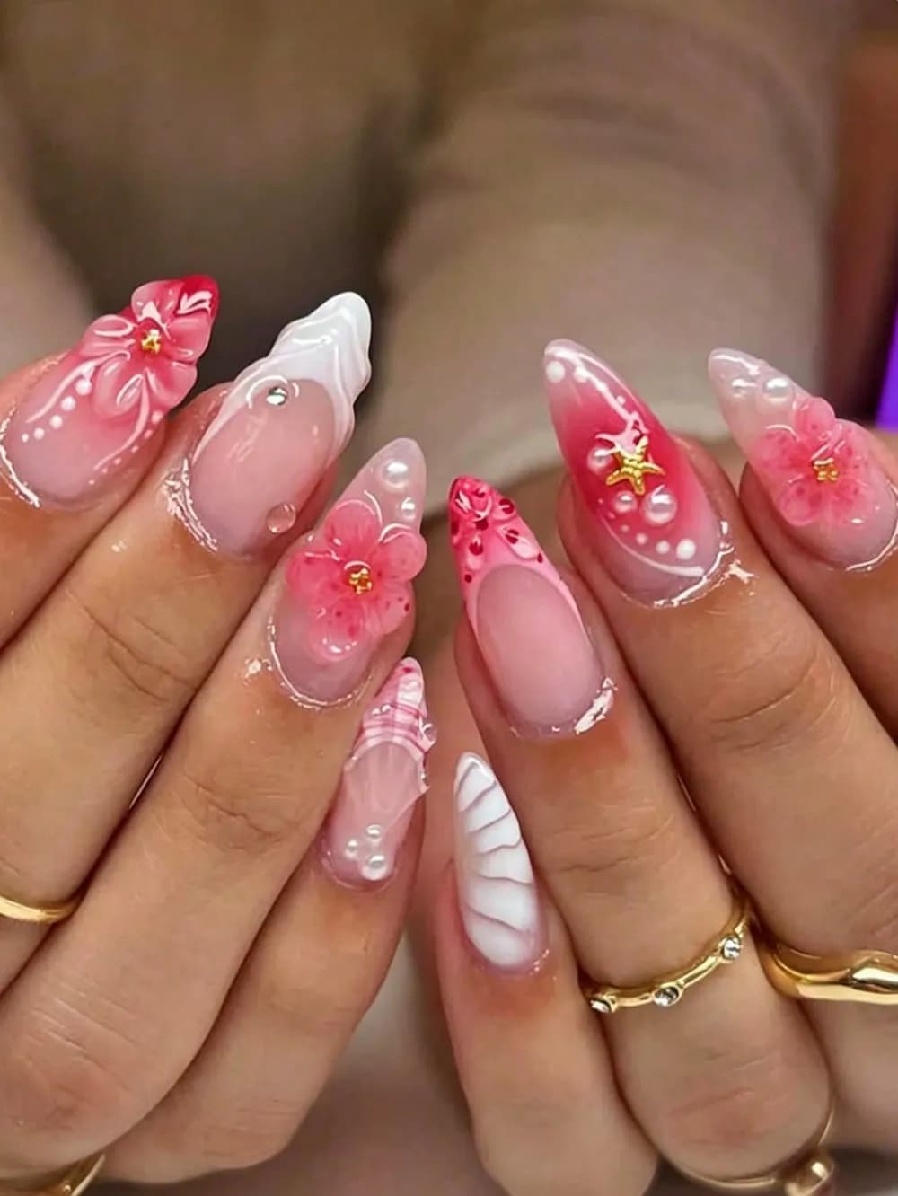 French Ocean Water Drop & Blooming Flower Press-On Nails · Almond · 24 pcs — photo 1 of 2
