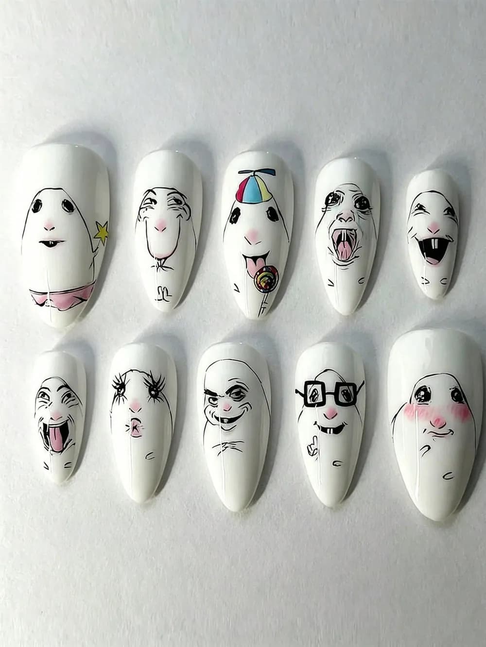 Fun Quirky Cartoon Face, Black & White Line Art Press-On Nails · Medium Almond · 30 pcs — photo 1 of 3