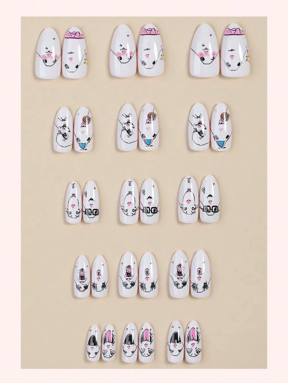 Fun Quirky Cartoon Face, Black & White Line Art Press-On Nails · Medium Almond · 30 pcs — photo 3 of 3