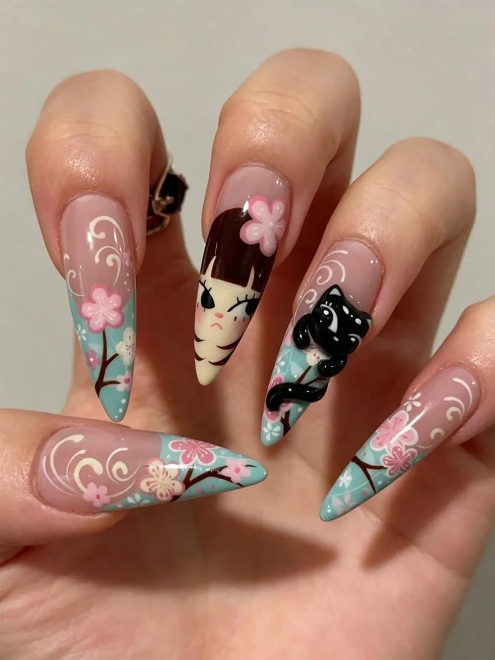 Japanese 3D Black Cat, Pink & Blue Cherry Blossom Press-On Nails · Long Pointed · 30 pcs — photo 1 of 3