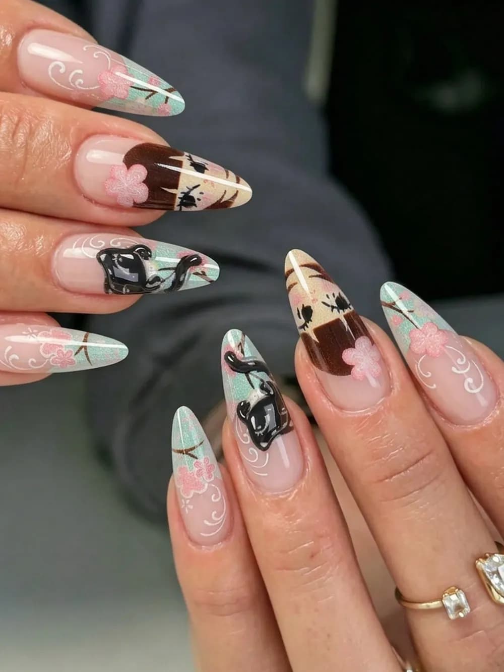 Japanese 3D Black Cat, Pink & Blue Cherry Blossom Press-On Nails · Long Pointed · 30 pcs — photo 2 of 3