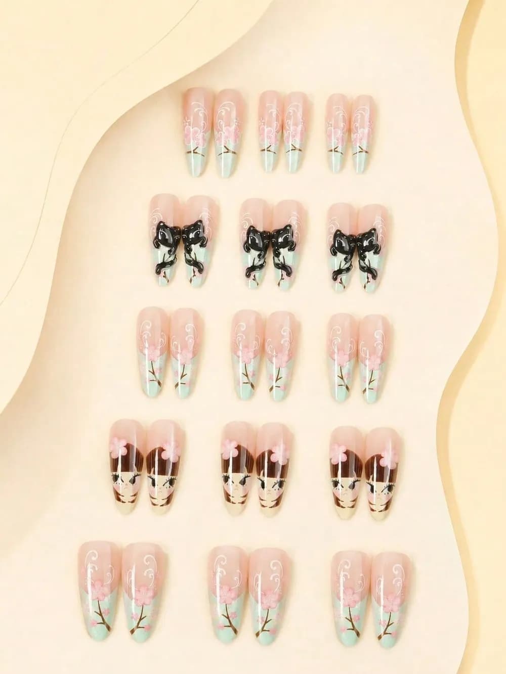 Japanese 3D Black Cat, Pink & Blue Cherry Blossom Press-On Nails · Long Pointed · 30 pcs — photo 3 of 3