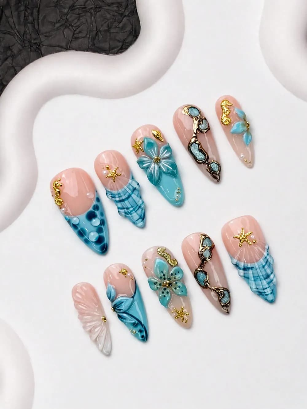 Ocean French Seahorse, Shell & Gold Accent Press-On Nails · Long Pointed · 10 pcs — photo 1 of 3