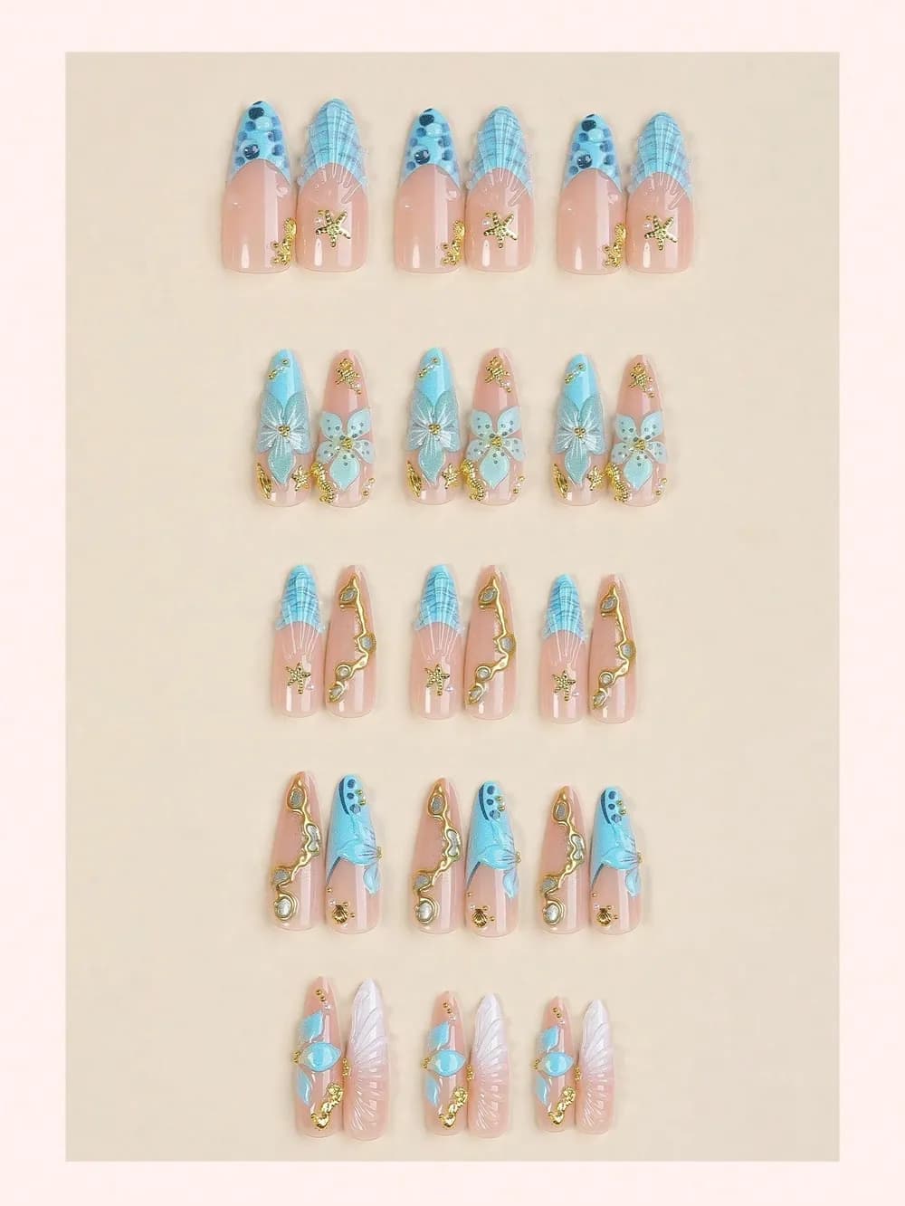 Ocean French Seahorse, Shell & Gold Accent Press-On Nails · Long Pointed · 10 pcs — photo 3 of 3