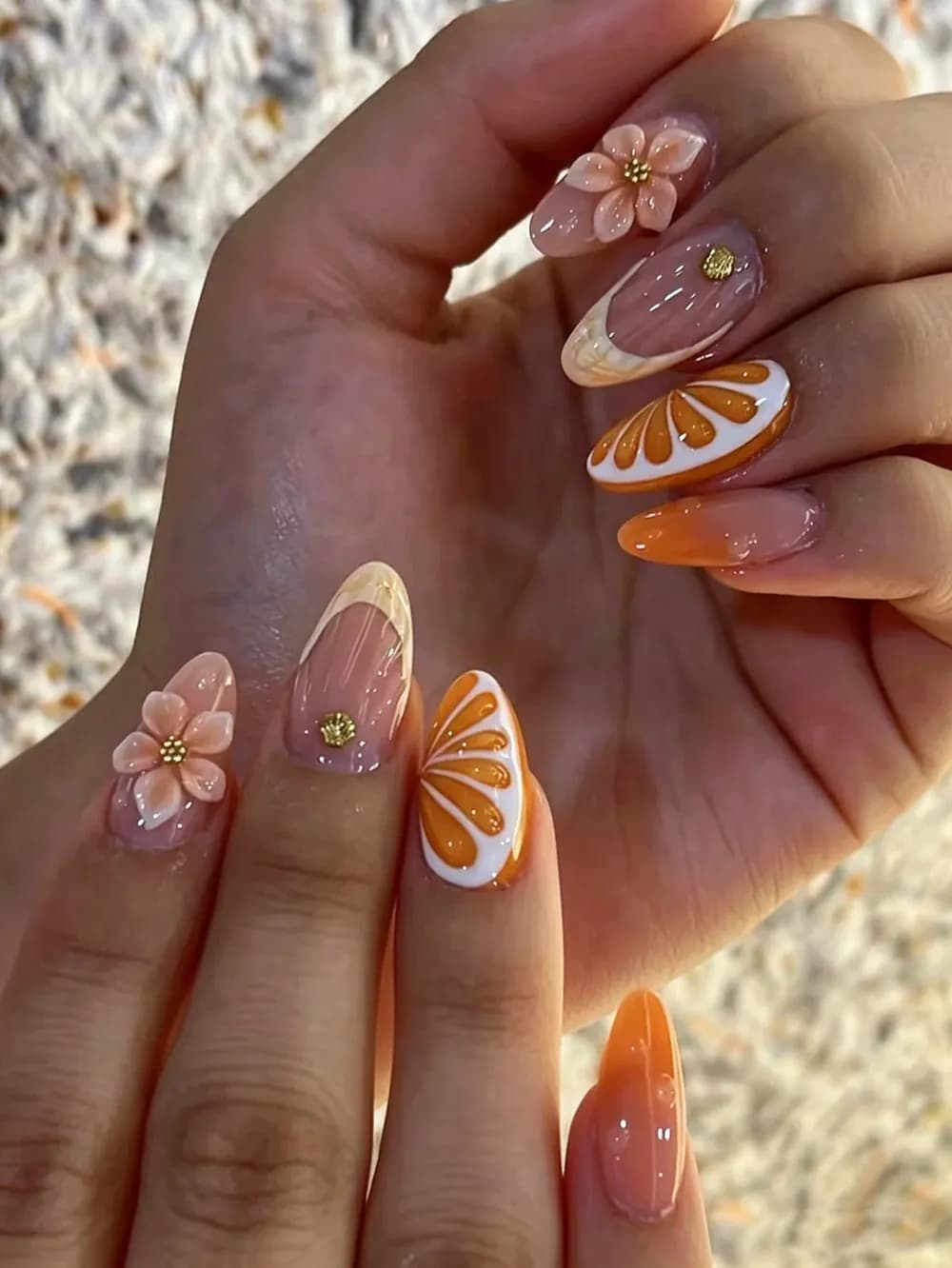 Orange Slice & Peach Flower Press-On Nails · Medium Almond · 10 pcs — photo 1 of 2