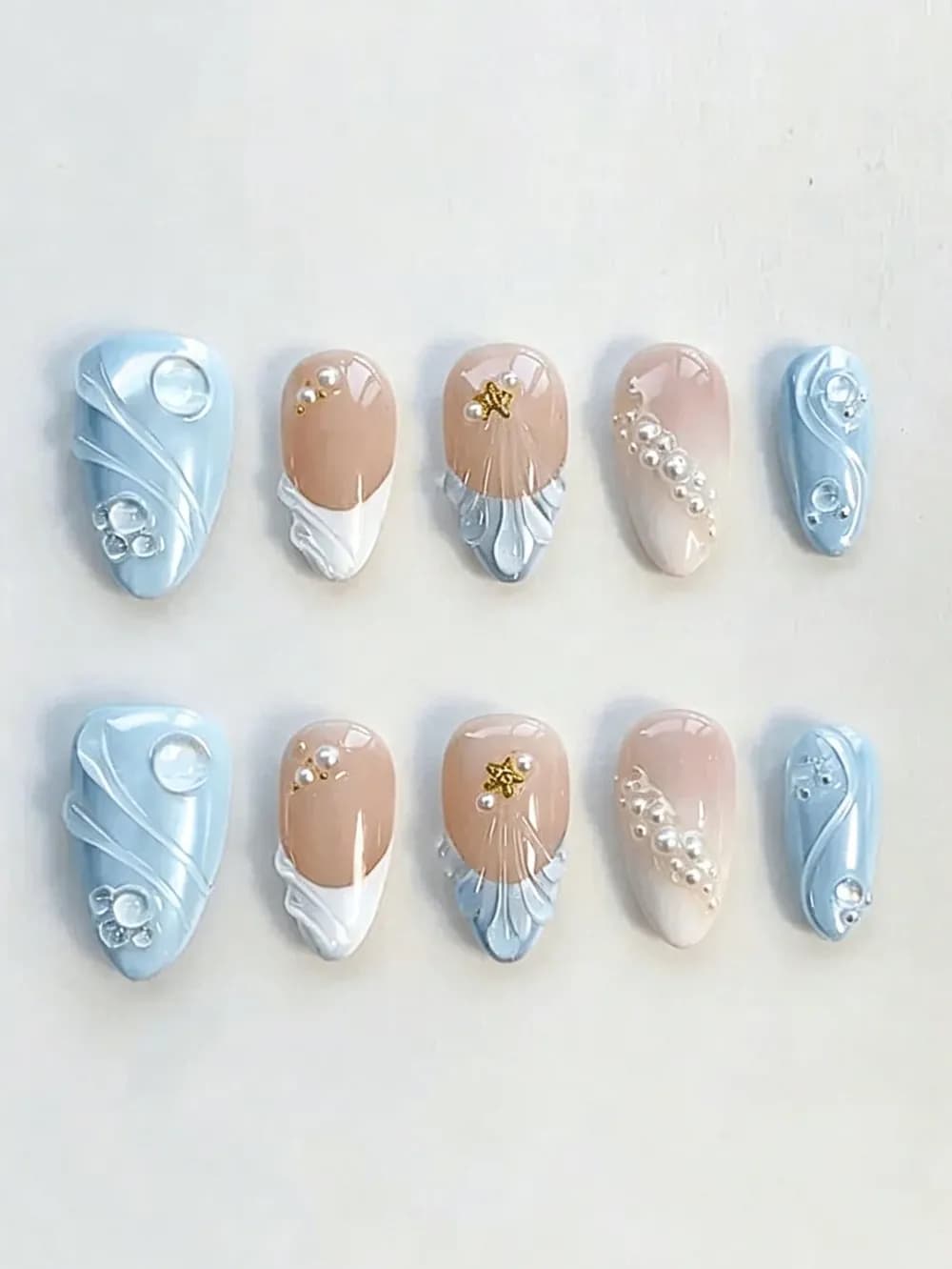 Pale Blue 3D Wave & White French Tip Press-On Nails · Medium-Long Almond · 10 pcs — photo 1 of 2