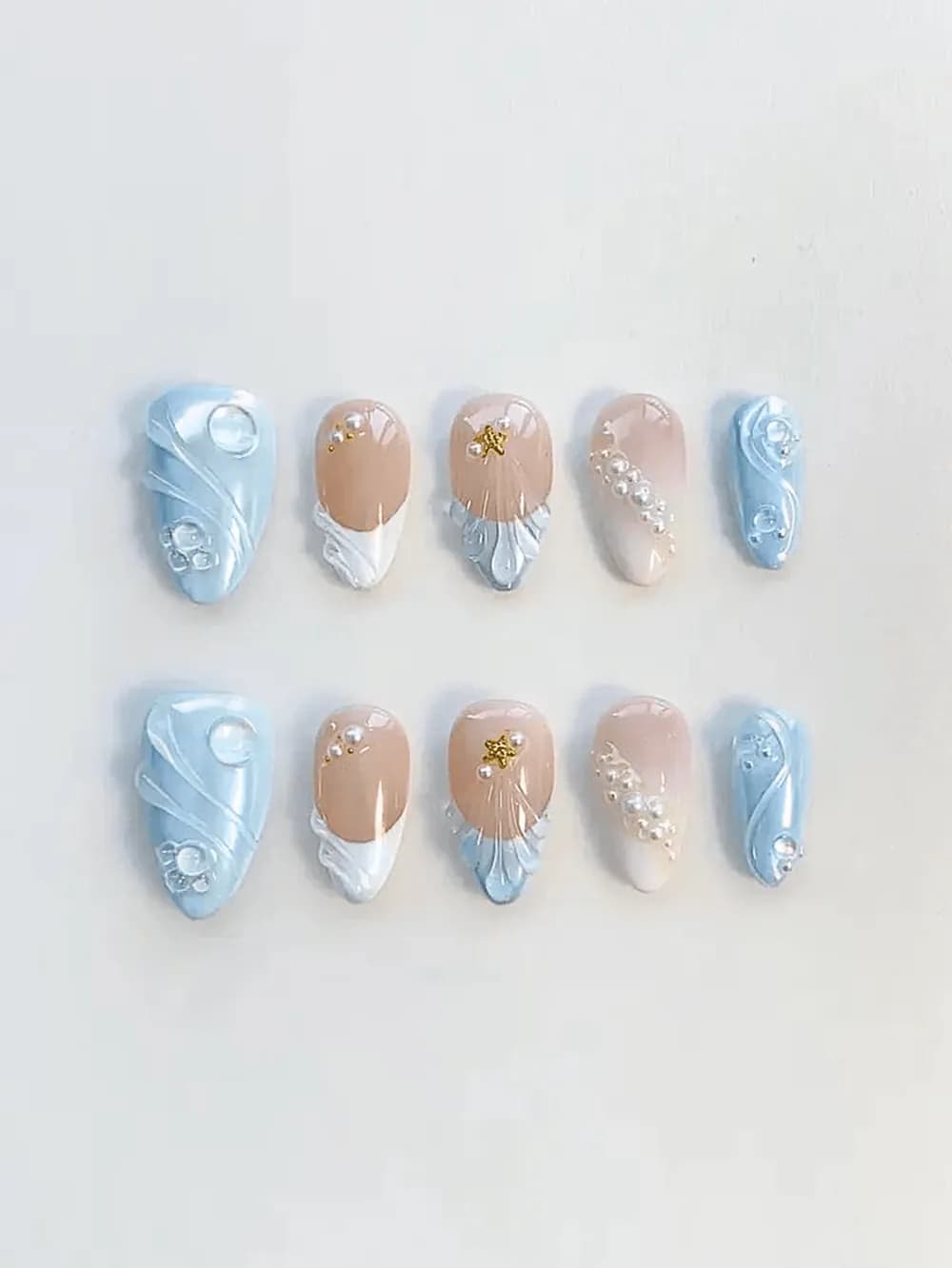 Pale Blue 3D Wave & White French Tip Press-On Nails · Medium-Long Almond · 10 pcs — photo 2 of 2