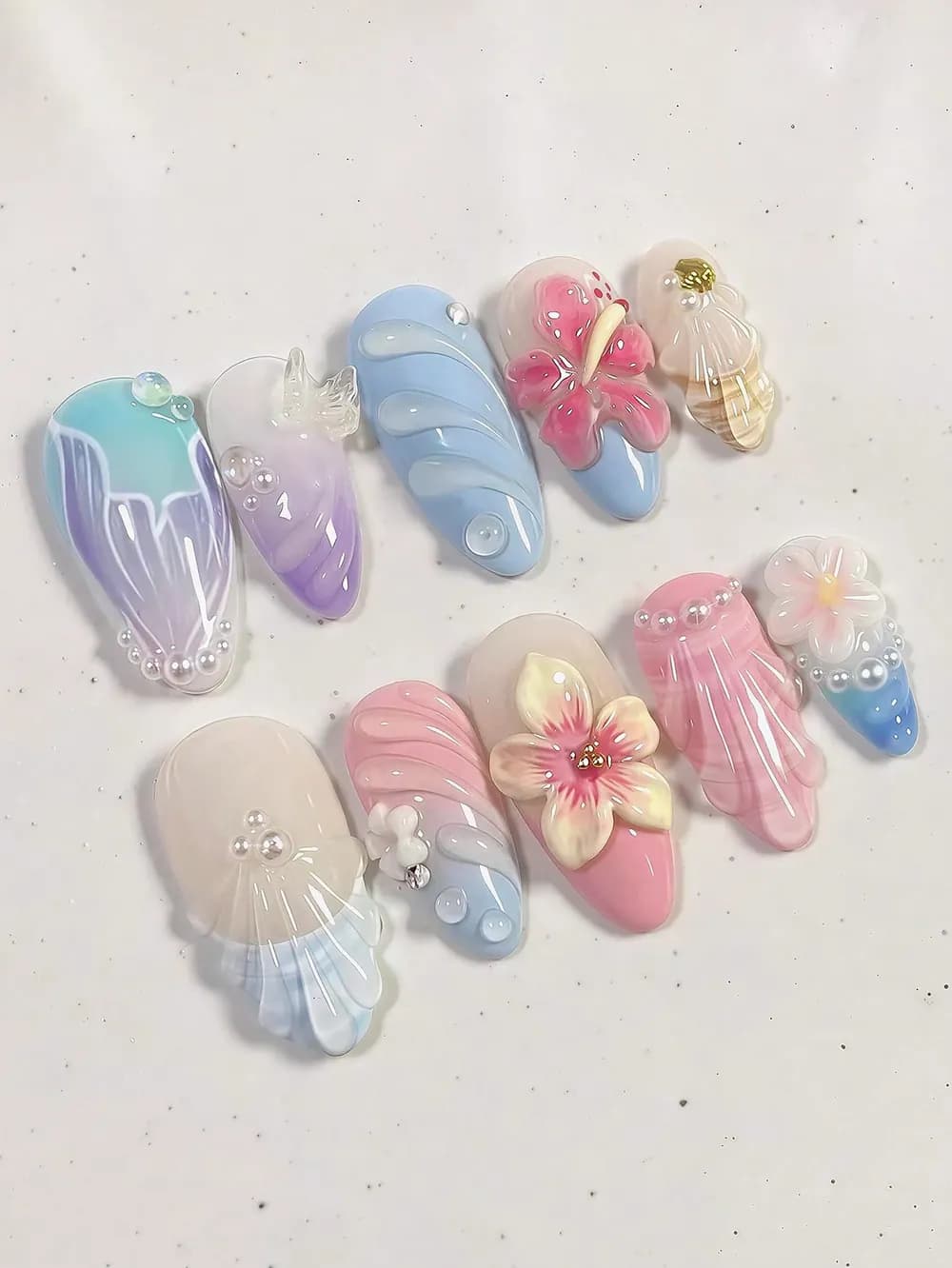 Pastel Ocean Shell & Flower Press-On Nails · Medium-Long Almond · 10 pcs — photo 1 of 2
