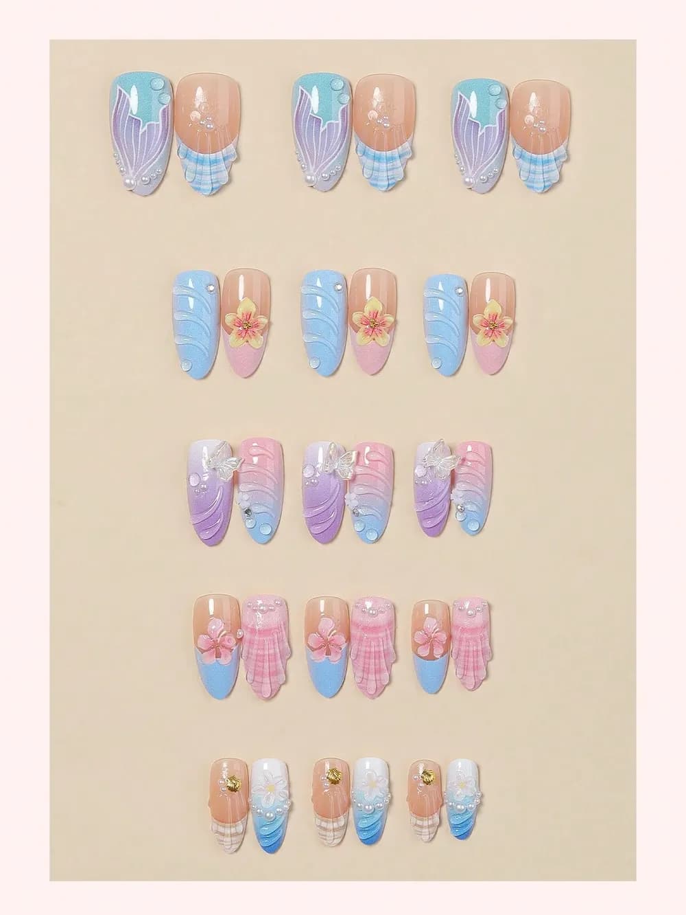 Pastel Ocean Shell & Flower Press-On Nails · Medium-Long Almond · 10 pcs — photo 2 of 2