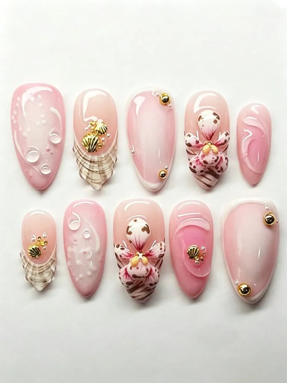Pink Blush 3D Shell, Pearl & Gold Bead Press-On Nails · Medium-Long Almond · 10 pcs — photo 1 of 2