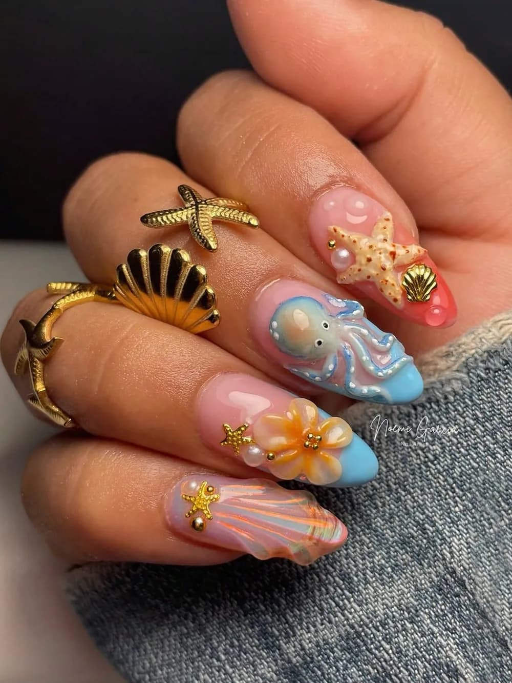 Summer Ocean Octopus & Starfish Press-On Nails · Medium-Long Almond · 10 pcs — photo 1 of 3