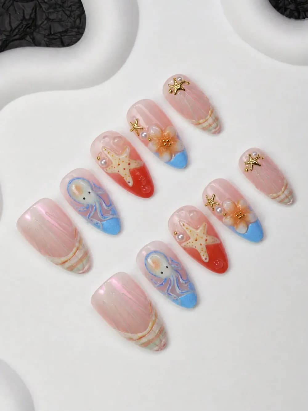 Summer Ocean Octopus & Starfish Press-On Nails · Medium-Long Almond · 10 pcs — photo 2 of 3